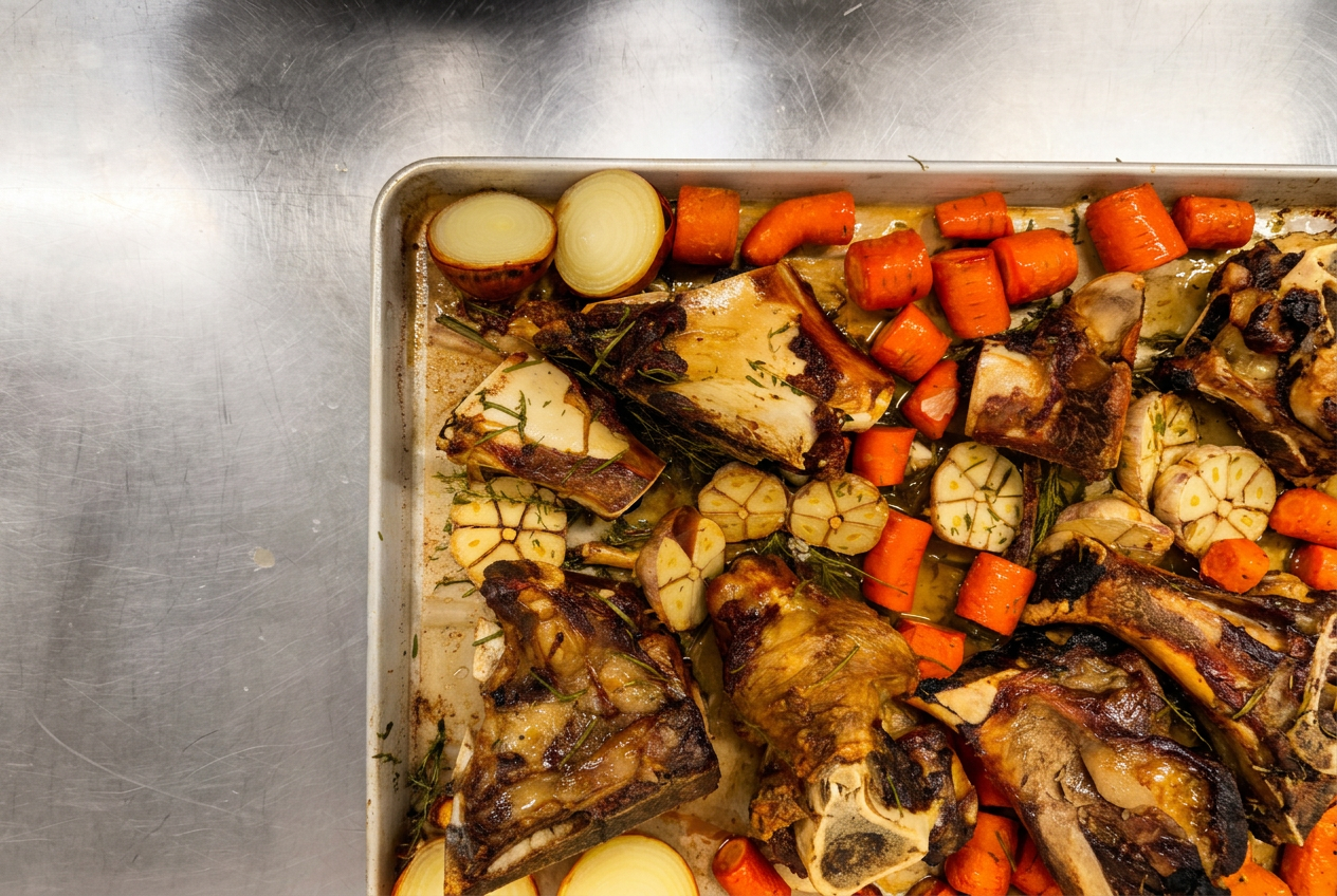 Roasted grass-fed and finished beef bones and vegetables on a metal baking sheet, including carrots,  garlic, and onion, photographed on a stainless steel surface.
