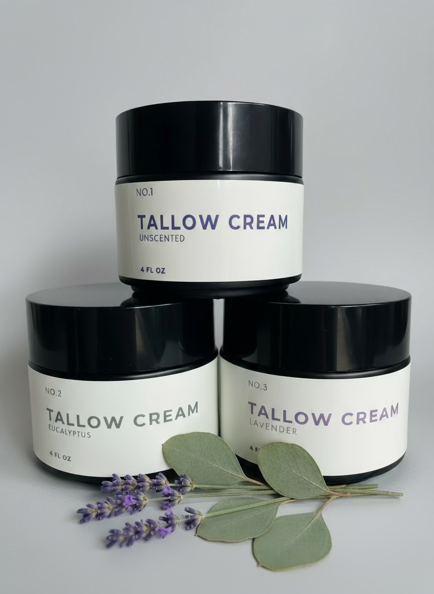 
                  
                    Three jars of tallow cream stacked.
                  
                