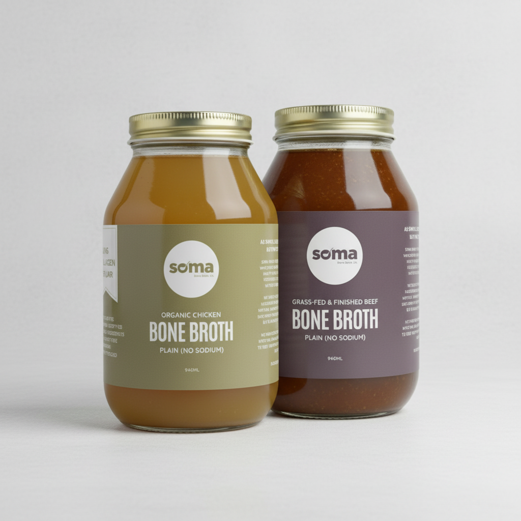 Two jars of Soma bone broth on a white background