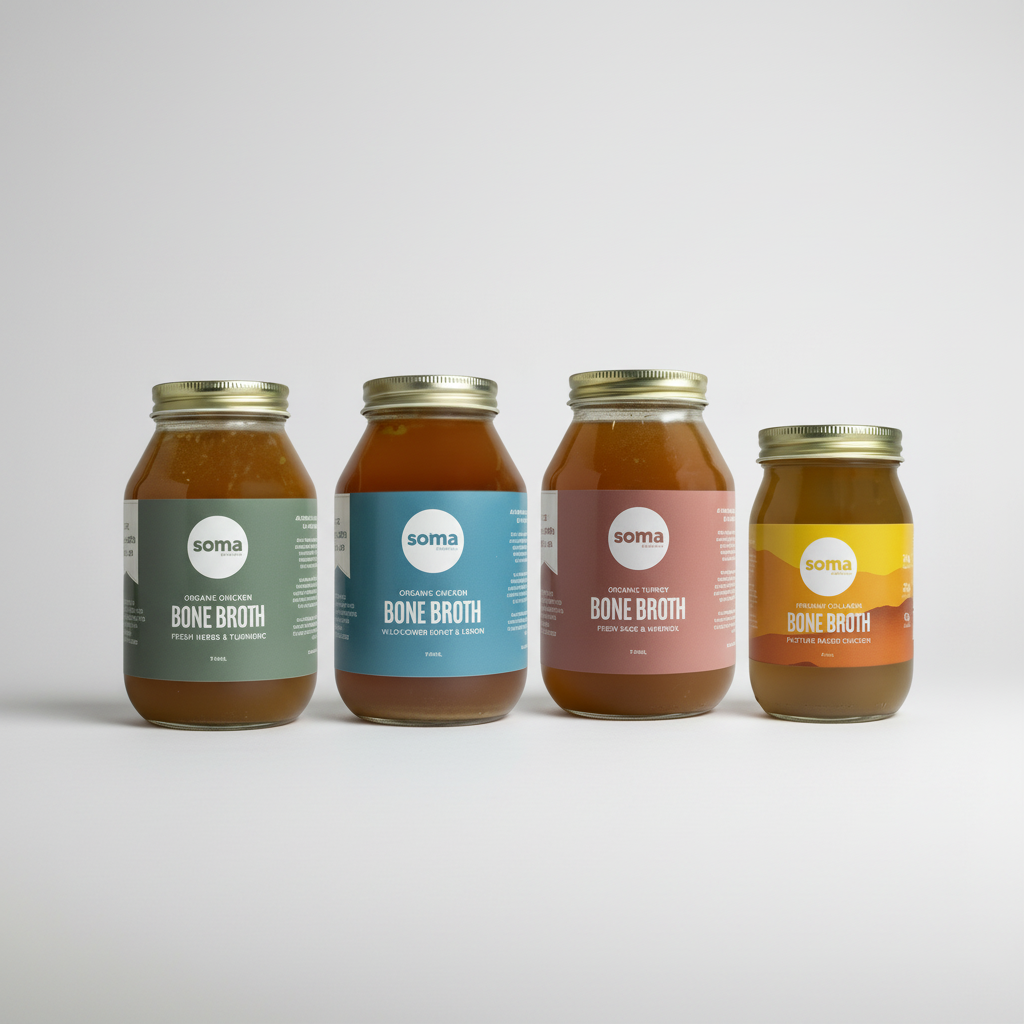Four jars of soma bone broth with different colored labels on a white background