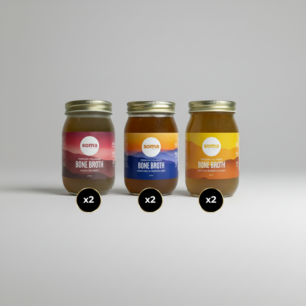 Three jars of soma bone broth with different flavors on a white background